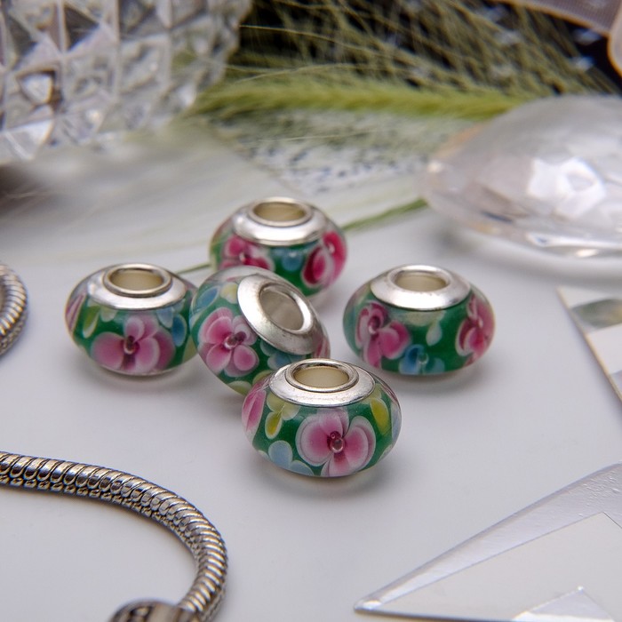 Бусина "Флауэр", цвет розово-зеленый в серебре