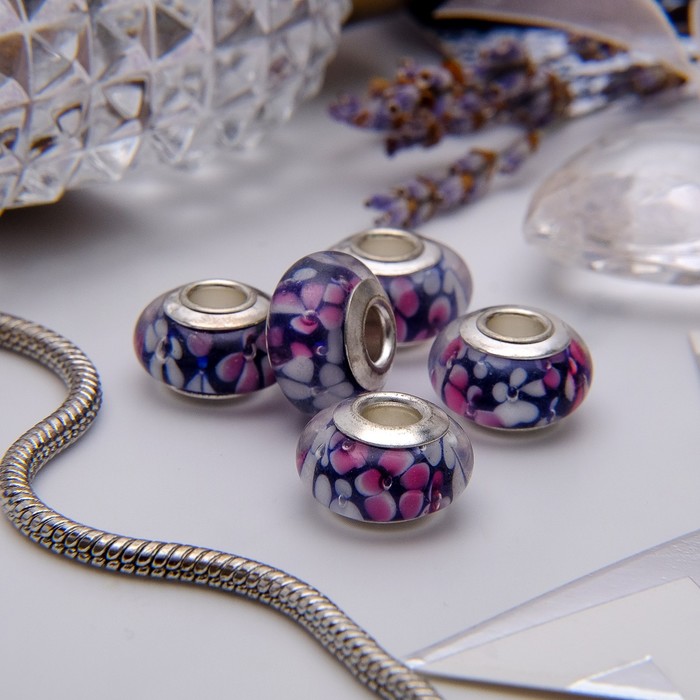 Бусина "Незабудки", цветная в серебре