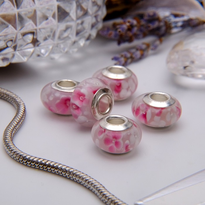 Бусина "Цветочная роса", цвет бело-розовый в серебре