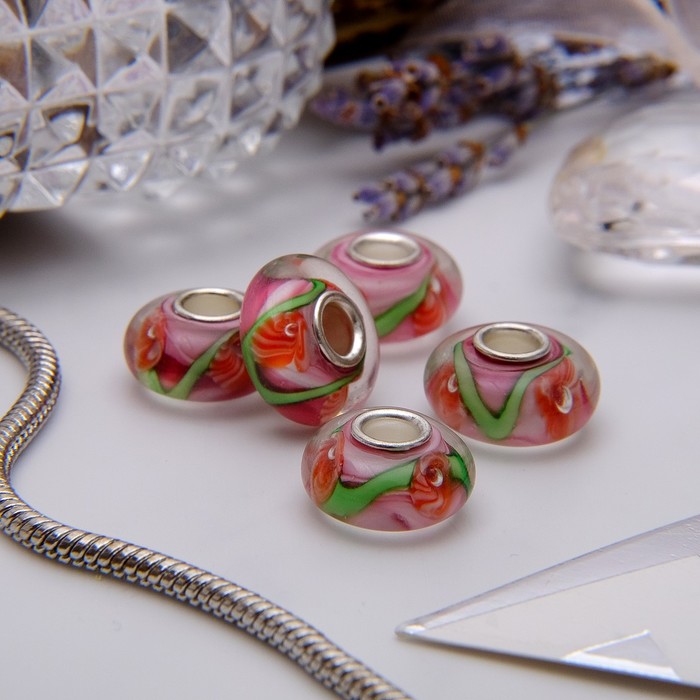 Бусина "Одуванчики", цвет бело-розовый