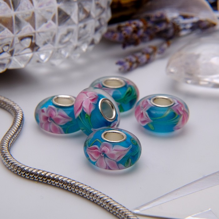 Бусина "Лилии", цвет розово-голубой