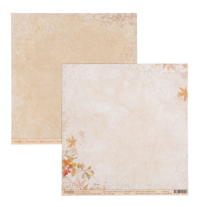 Бумага для скрапбукинга "Листва "Моя школа" 30,5х30,5 см, 190гр/м2