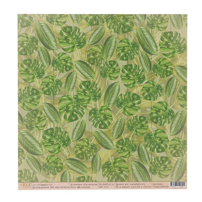 Бумага для скрапбукинга "Монстера "Тропикана" 30,5х30,5 см, 250 гр/м2