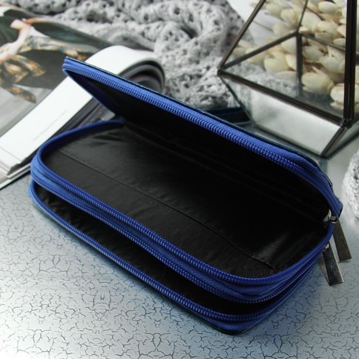 Кошелёк женский, 3 отдела на молниях, для карт, с ручкой, цвет синий