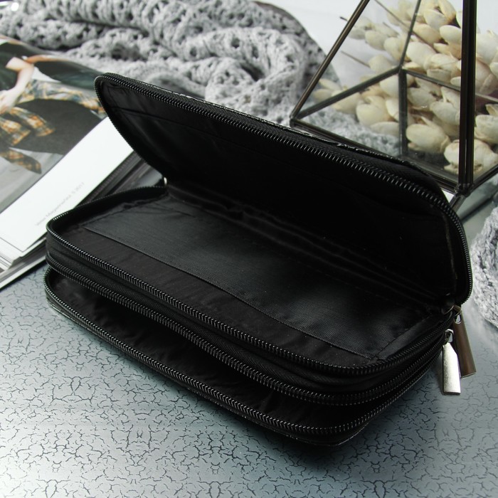 Кошелёк женский, 3 отдела на молниях, для карт, с ручкой, цвет чёрный