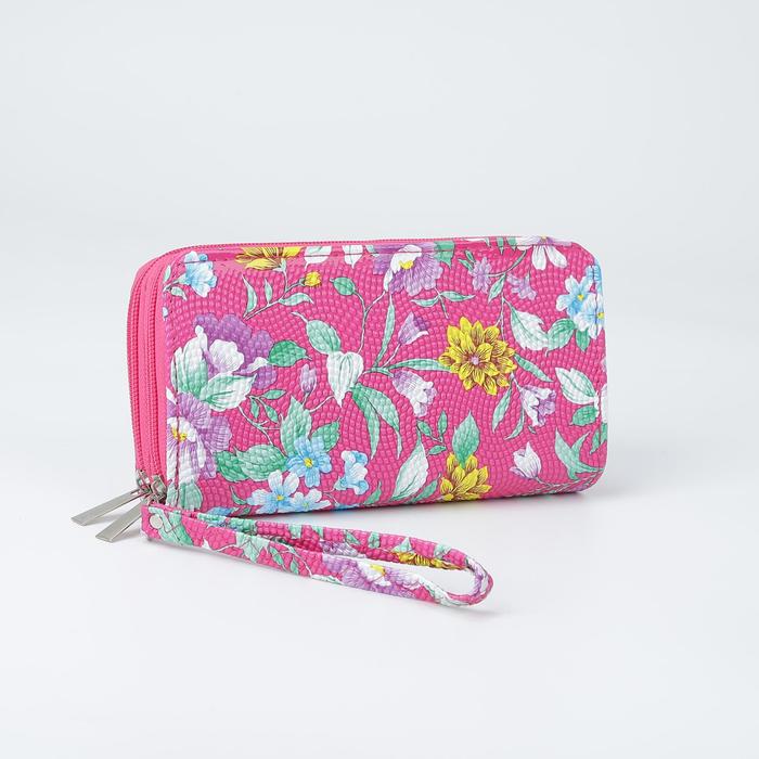 Кошелёк женский, 3 отдела на молниях, для карт, с ручкой, цвет малиновый