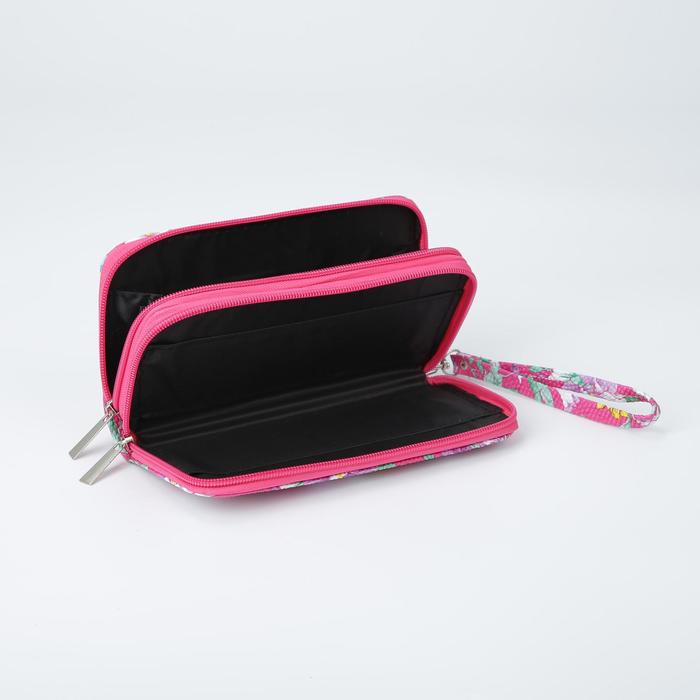 Кошелёк женский, 3 отдела на молниях, для карт, с ручкой, цвет малиновый