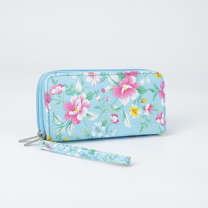 Кошелёк женский, 3 отдела на молниях, для карт, с ручкой, цвет голубой