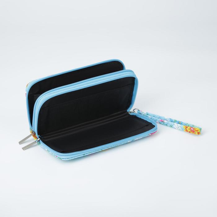 Кошелёк женский, 3 отдела на молниях, для карт, с ручкой, цвет голубой