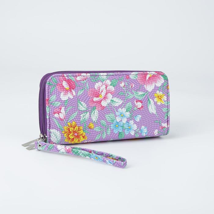 Кошелёк женский, 3 отдела на молниях, для карт, с ручкой, цвет сиреневый