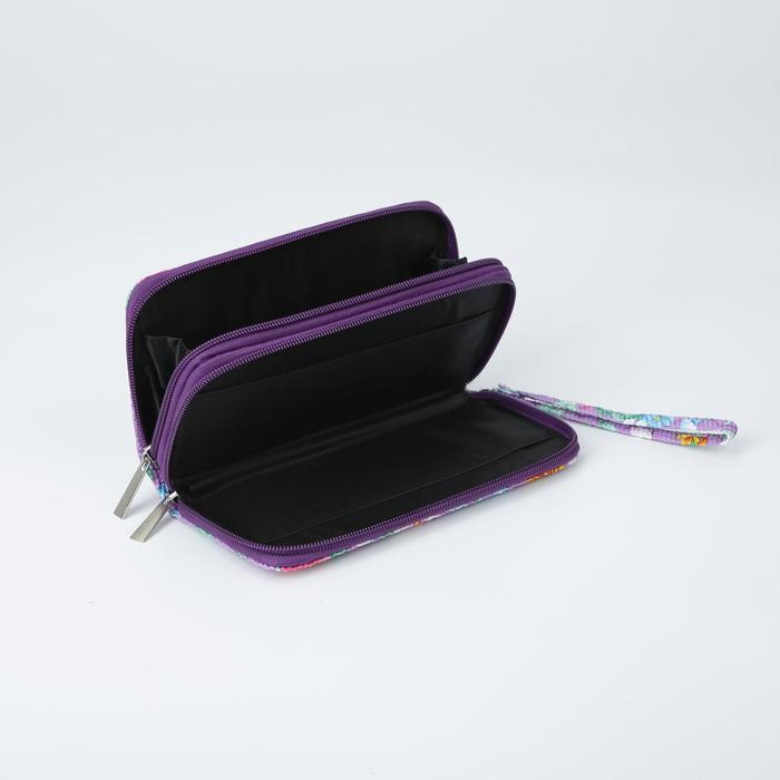 Кошелёк женский, 3 отдела на молниях, для карт, с ручкой, цвет сиреневый