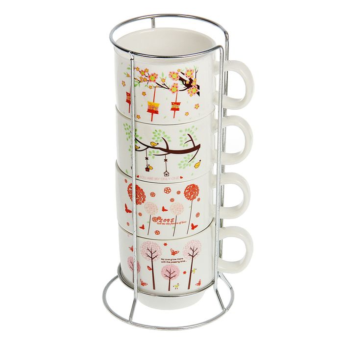 Набор кружек 180 мл "Веточка", 4 шт, на металлической подставке, цвета МИКС