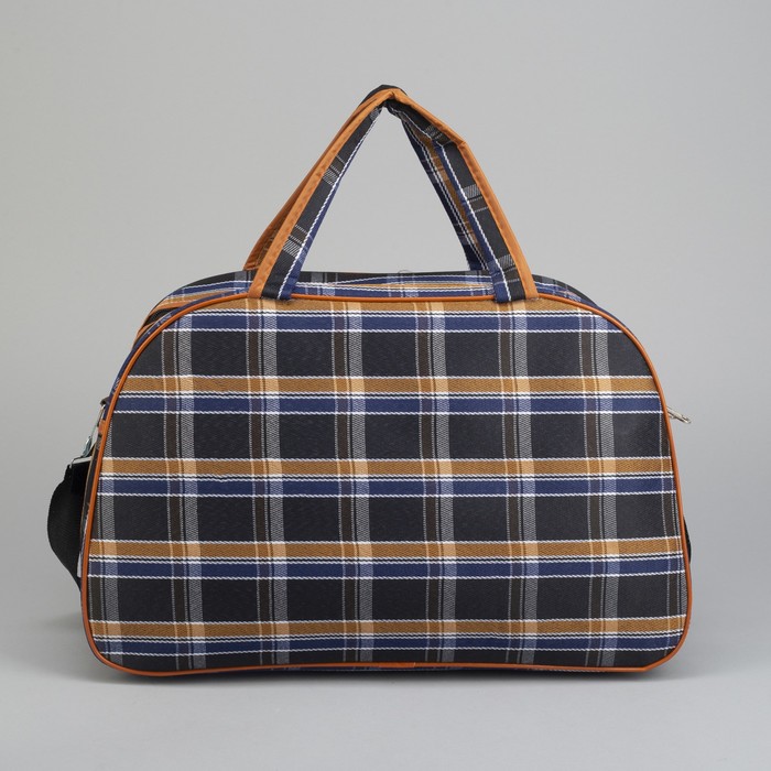 Сумка дорожная «Клетка», отдел на молнии, наружный карман, длинный ремень, цвет синий/коричневый