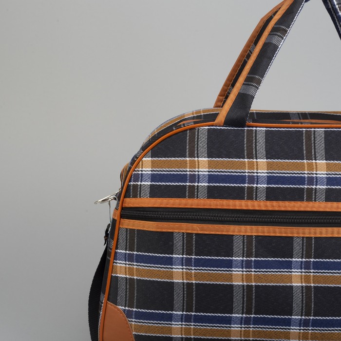 Сумка дорожная «Клетка», отдел на молнии, наружный карман, длинный ремень, цвет синий/коричневый
