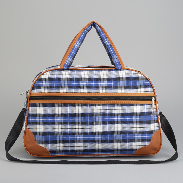 Сумка дорожная «Клетка», отдел на молнии, наружный карман, длинный ремень, цвет синий/серый