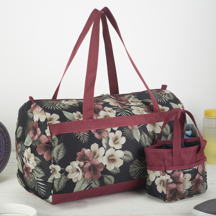 6906 П-600/Д Сумка спорт 45*23*29 отд на молнии, с косметичкой 15*8*15, черный/борд цветы