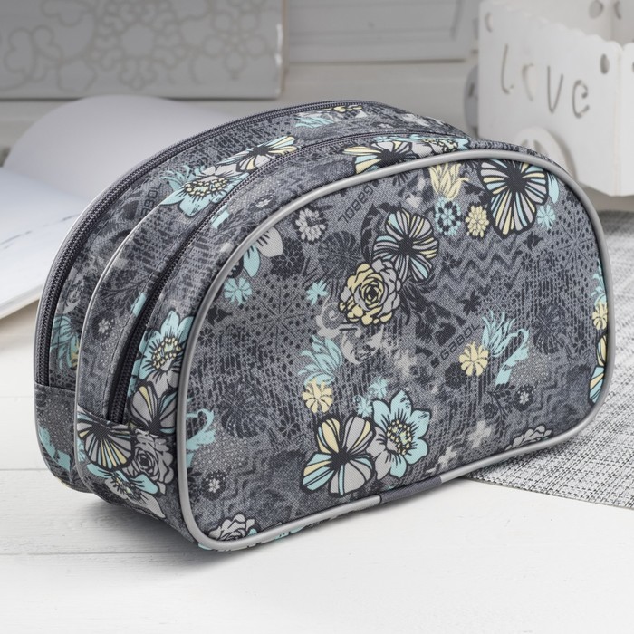 Косметичка дорожная, отдел на молнии, серый/морская волна/цветы