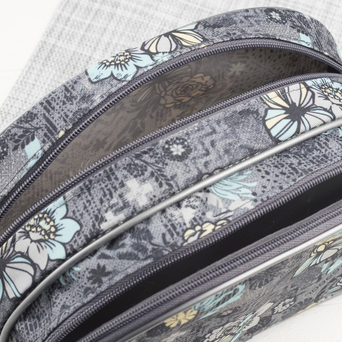 Косметичка дорожная, отдел на молнии, серый/морская волна/цветы