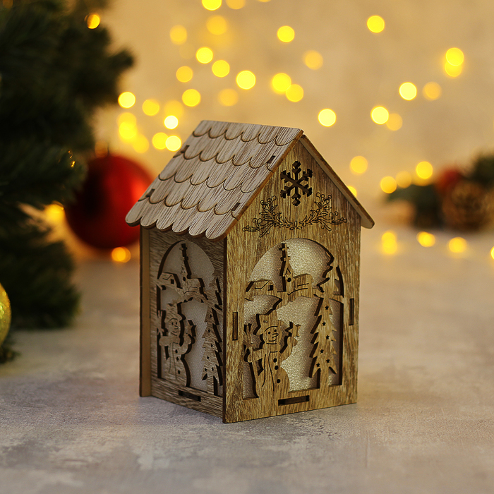 Подвеска световая "Домик со Снеговиком", 11х15х8 см, 1 LED, бат.(в комп), серое окно,Т/БЕЛЫЙ 36675