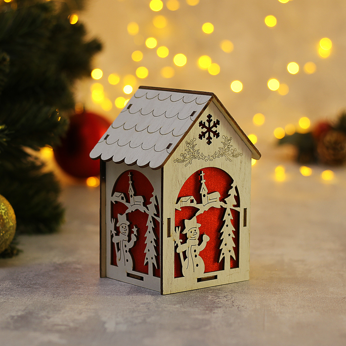 Подвеска световая "Домик со Снеговиком", 11х15х8 см, 1 LED, бат(в комп),красное окно,Т/БЕЛЫЙ 36675