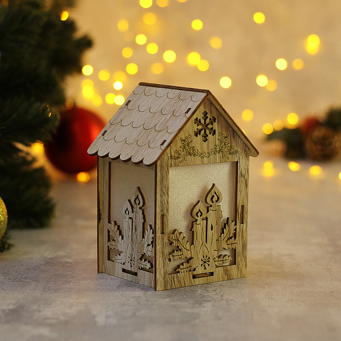 Подвеска световая "Домик со Свечами", 11х15х8 см, 1 LED, бат.(в комп), серое окно, Т/БЕЛЫЙ