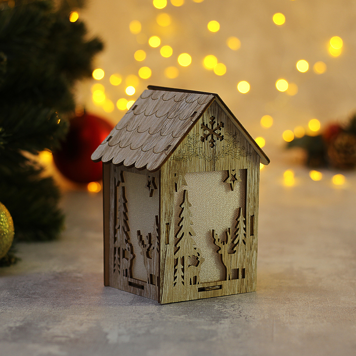 Подвеска световая "Домик с Оленем", 11х15х8 см, 1 LED, бат.(в комп), серое окно, Т/БЕЛЫЙ
