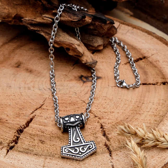 Кулон мужской "Стальной" молот тора с узором, цвет серебро, 50 см