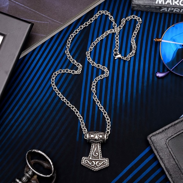 Кулон мужской "Стальной" молот тора с узором, цвет серебро, 50 см