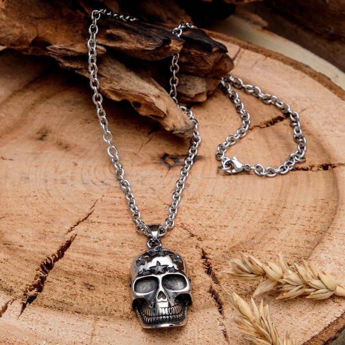 Кулон мужской "Стальной" череп, цвет серебро, 50 см