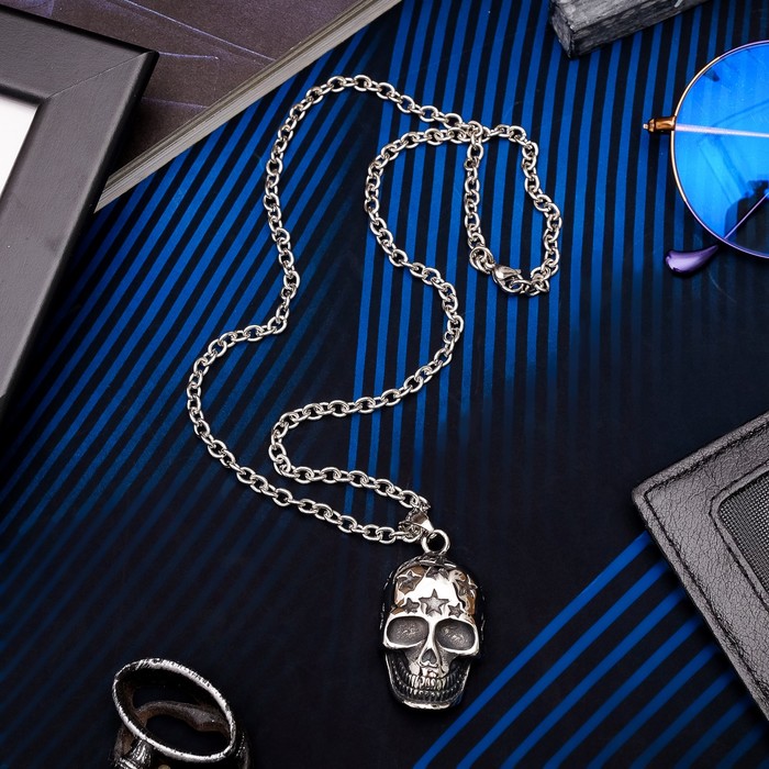 Кулон мужской "Стальной" череп, цвет серебро, 50 см