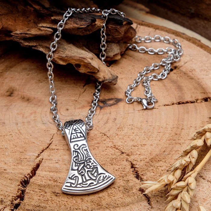Кулон мужской "Стальной" секира перуна, цвет серебро, 50 см