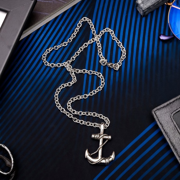 Кулон мужской "Стальной" якорь, цвет серебро, 50 см