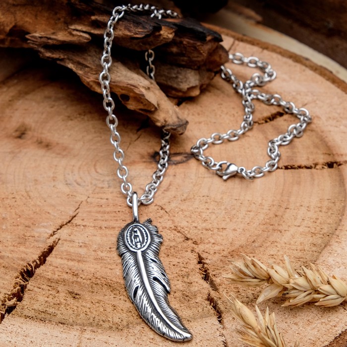 Кулон мужской "Стальной" перо, цвет серебро, 50 см