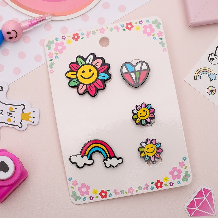 Набор детский 4 предм: 2 значка, клипсы, кольцо, летний, цветной