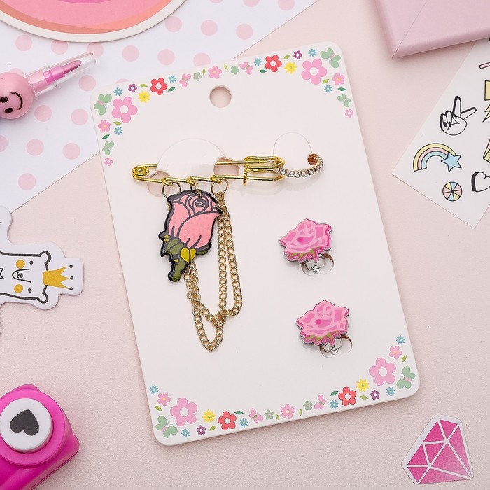 Набор детский 3 предм: булавка, клипсы, кольцо,розы, цвет розовый в золоте