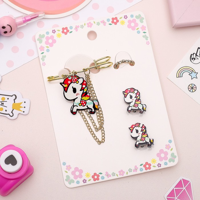 Набор детский 3 предм: булавка, клипсы, кольцо, единорожки, цветной в золоте