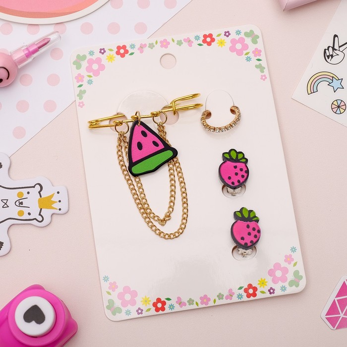 Набор детский 3 предм: булавка, клипсы, кольцо, фруктики, цветной  в золоте