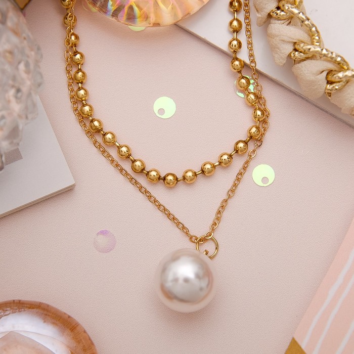 Кулон 2 нити "Жемчужная бусина", цвет белый в золоте, 40 см