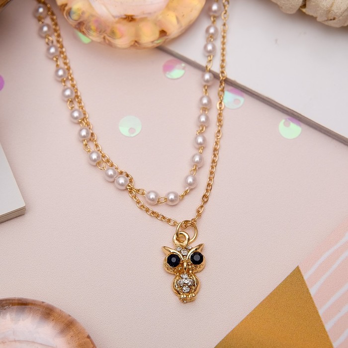 Колье 2 нити "Жемчужное" сова, цвет белый в золоте, 40 см