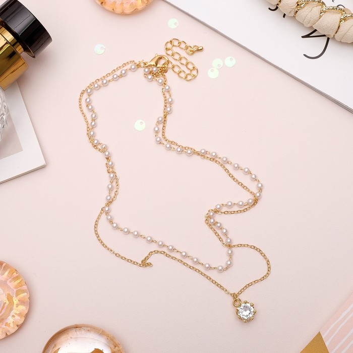 Колье 2 нити "Жемчужное" капля, цвет белый в золоте, 40 см