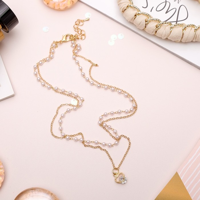 Колье 2 нити "Жемчужное" сердце, цвет белый в золоте, 40 см