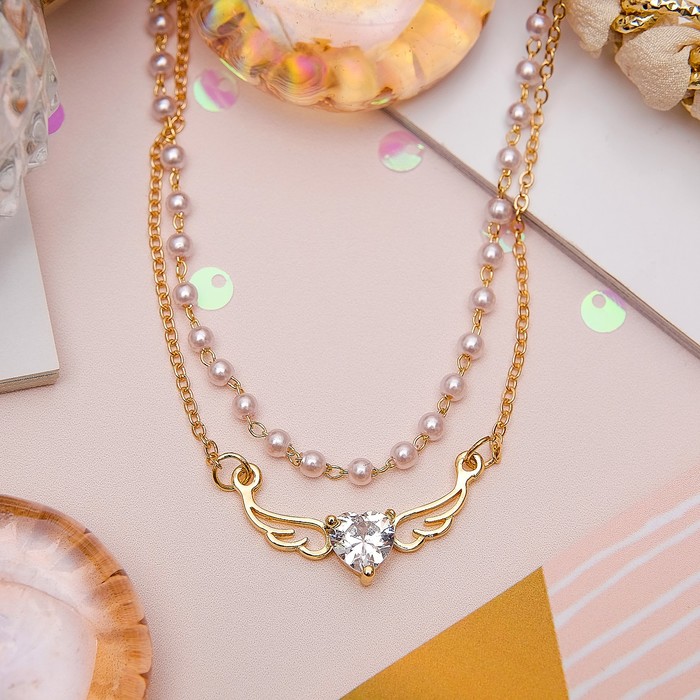 Колье 2 нити "Жемчужное" сердце с крыльями, цвет белый в золоте, 40 см