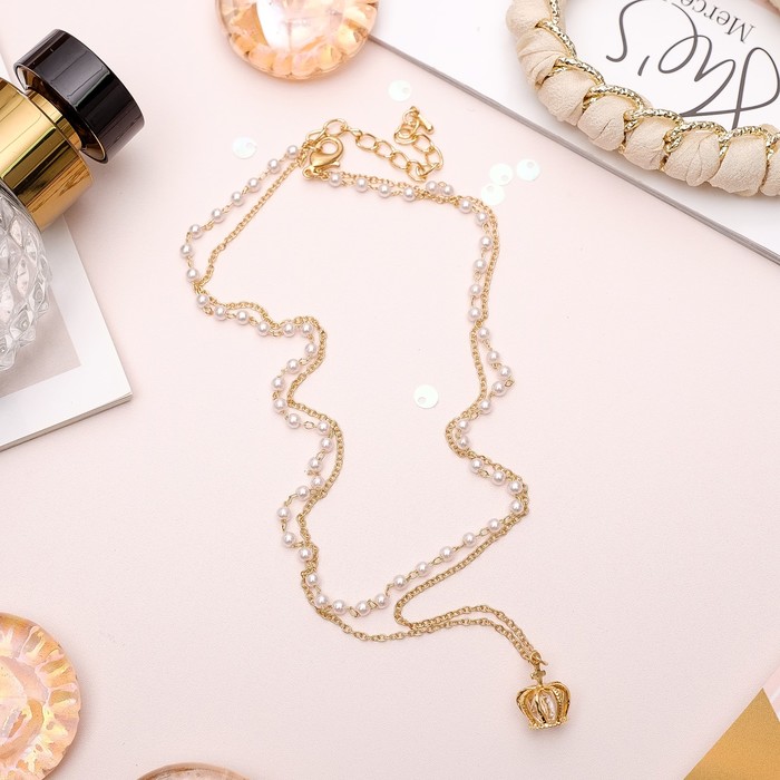 Колье 2 нити "Жемчужное" корона, цвет белый в золоте, 40 см