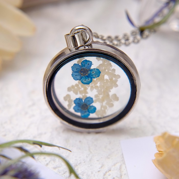 Кулон из стекла "Венеция" круг, лютики, цвет голубой в серебре, 50 см