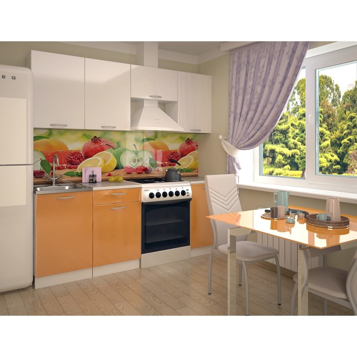 Кухонный гарнитур 2100, 2100х453х2170, Белый металлик/Апельсин металлик