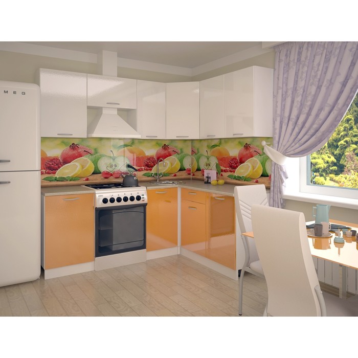 Кухонный гарнитур угловой 2100х1600, 2100х453х2170, Белый металлик/Апельсин металлик