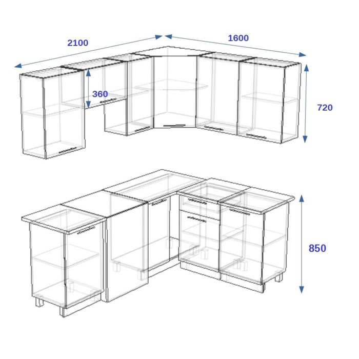 Кухонный гарнитур угловой 2100х1600, 2100х453х2170, Белый металлик/Апельсин металлик