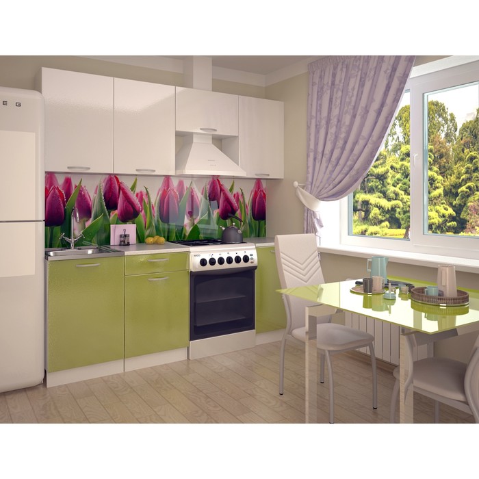 Кухонный гарнитур 2100, 2100х453х2170, Белый глянец/Олива глянец