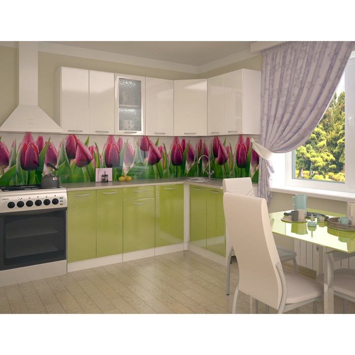 Кухонный гарнитур угловой 2000х1400, 2000х453х2170, Белый глянец/Олива глянец