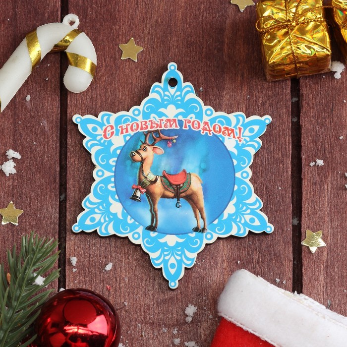Магнит однослойный дерево "Снежинка. Оленёнок" 7х8 см